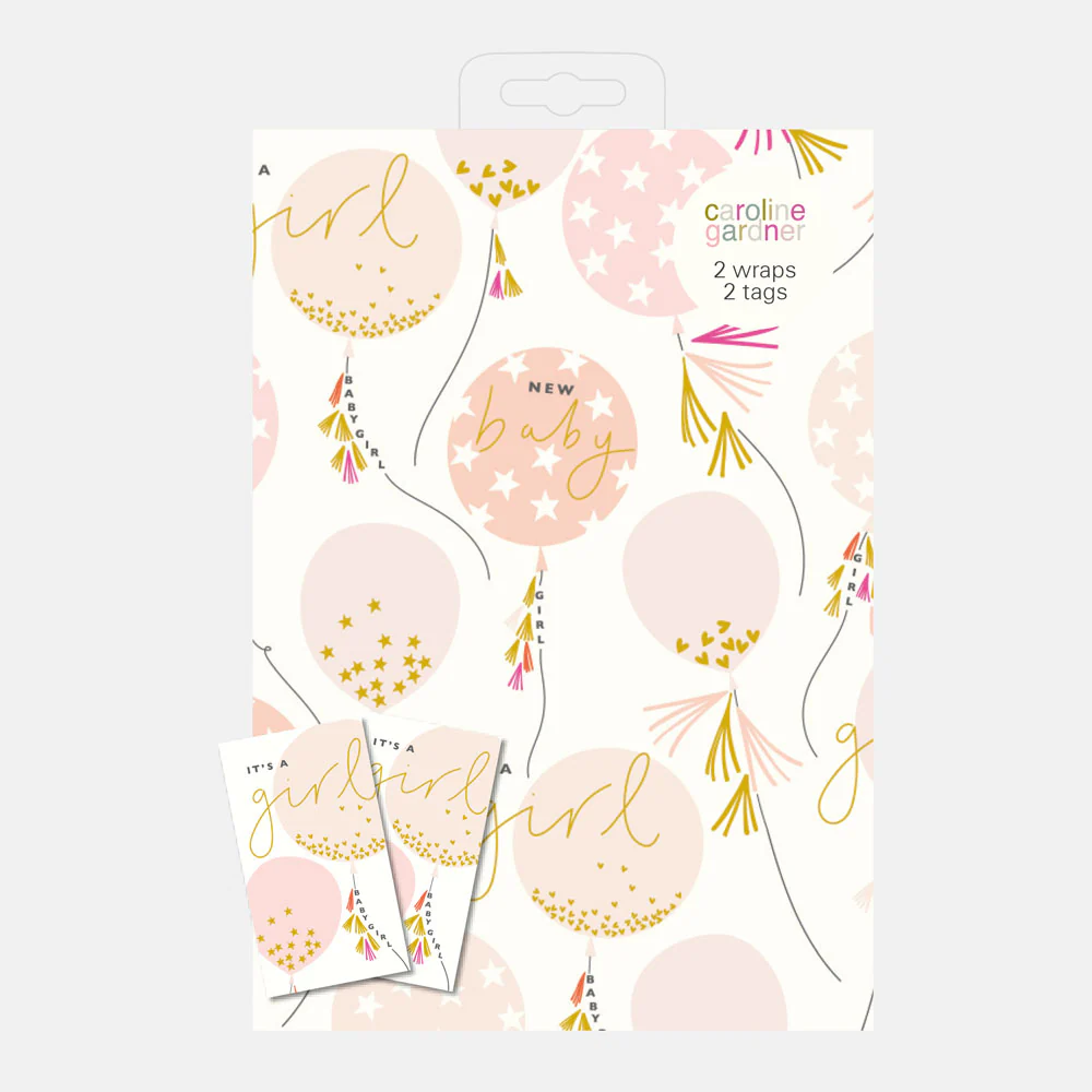 Baby Girl Balloons Wrapping Paper and Tags Set of 2