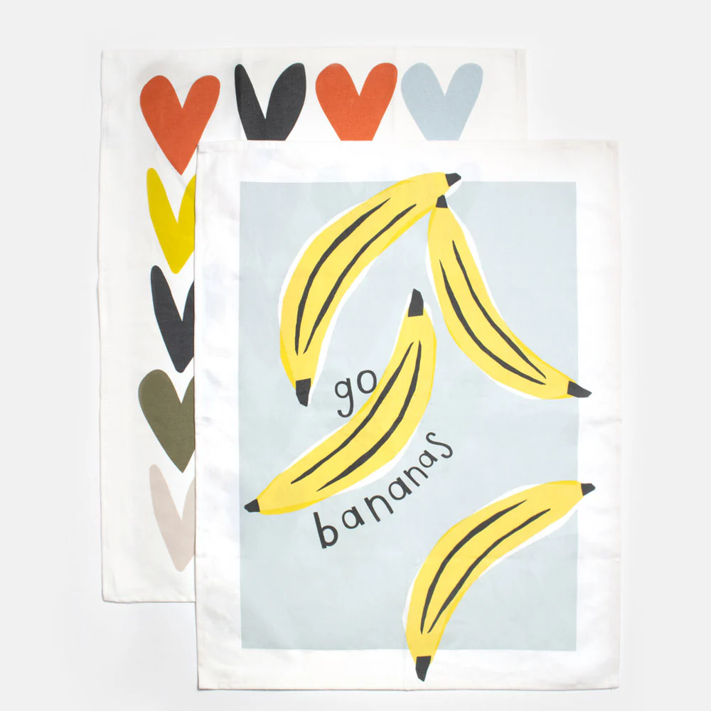 Banana/Multi Heart Tea Towel Set of 2