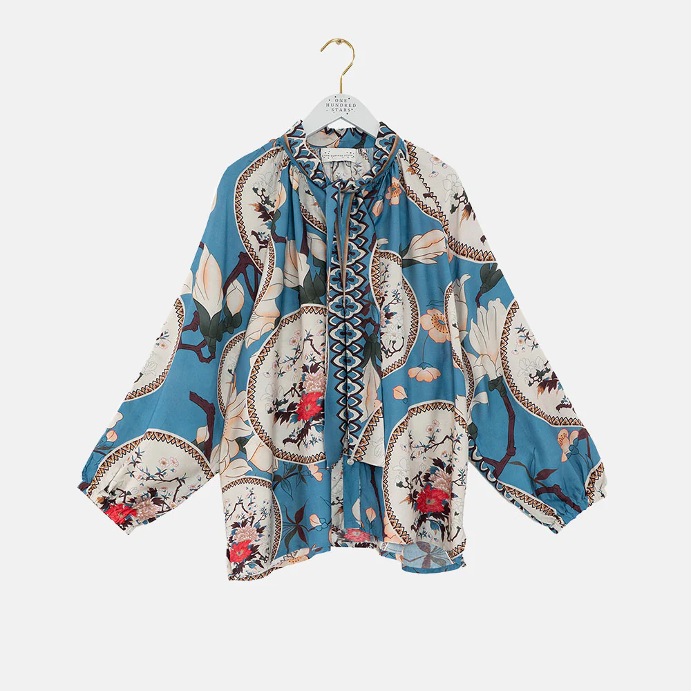 Blue Magnolia Plates Pussy Bow Shirt