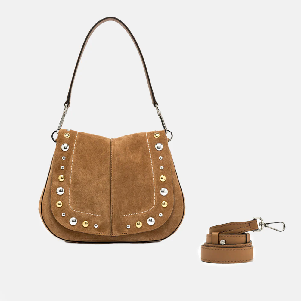 Caramel Suede Studded Helena Saddle Bag