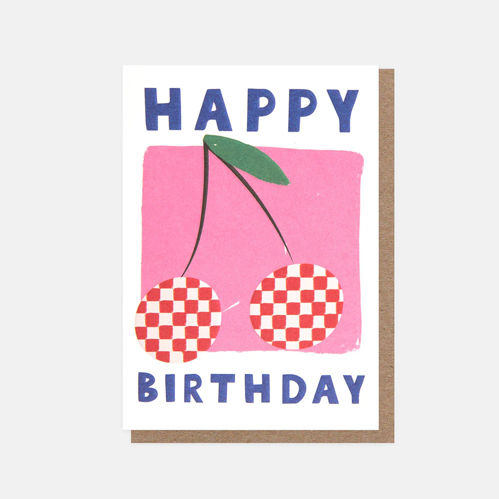 Checked Cherries Happy Birthday Card