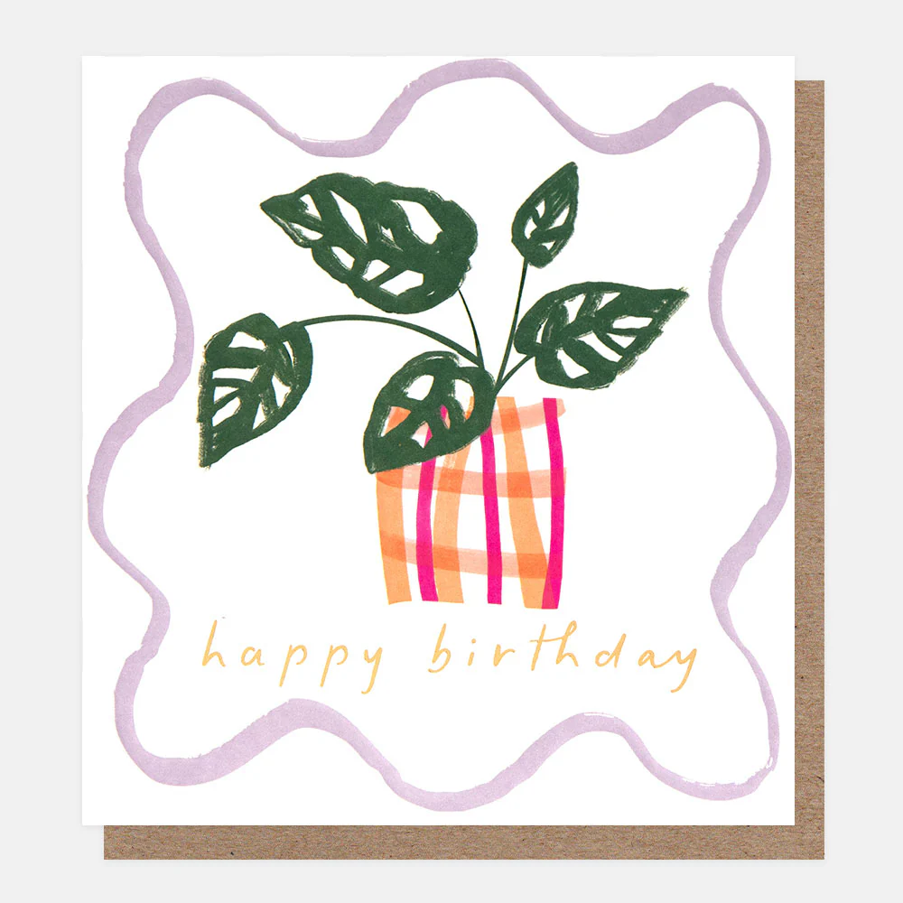 Checked Plant Pot & Squiggle Birthday Card
