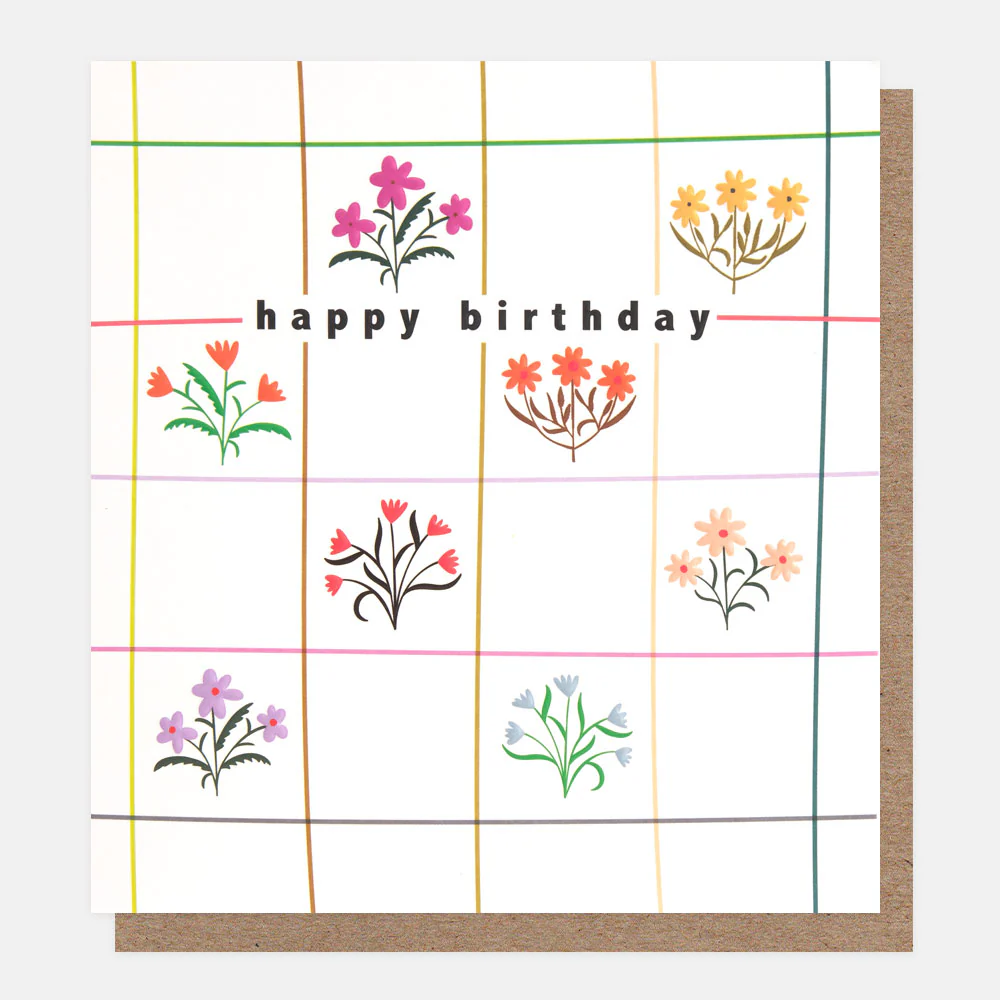 Colourful Floral Grid Check Birthday Card
