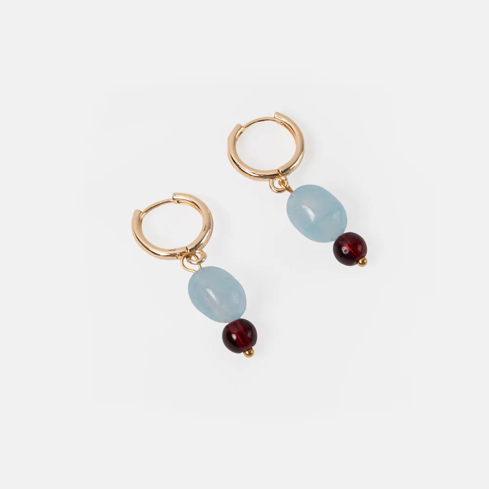 Gold, Blue & Burgundy Drop Hoop Earrings