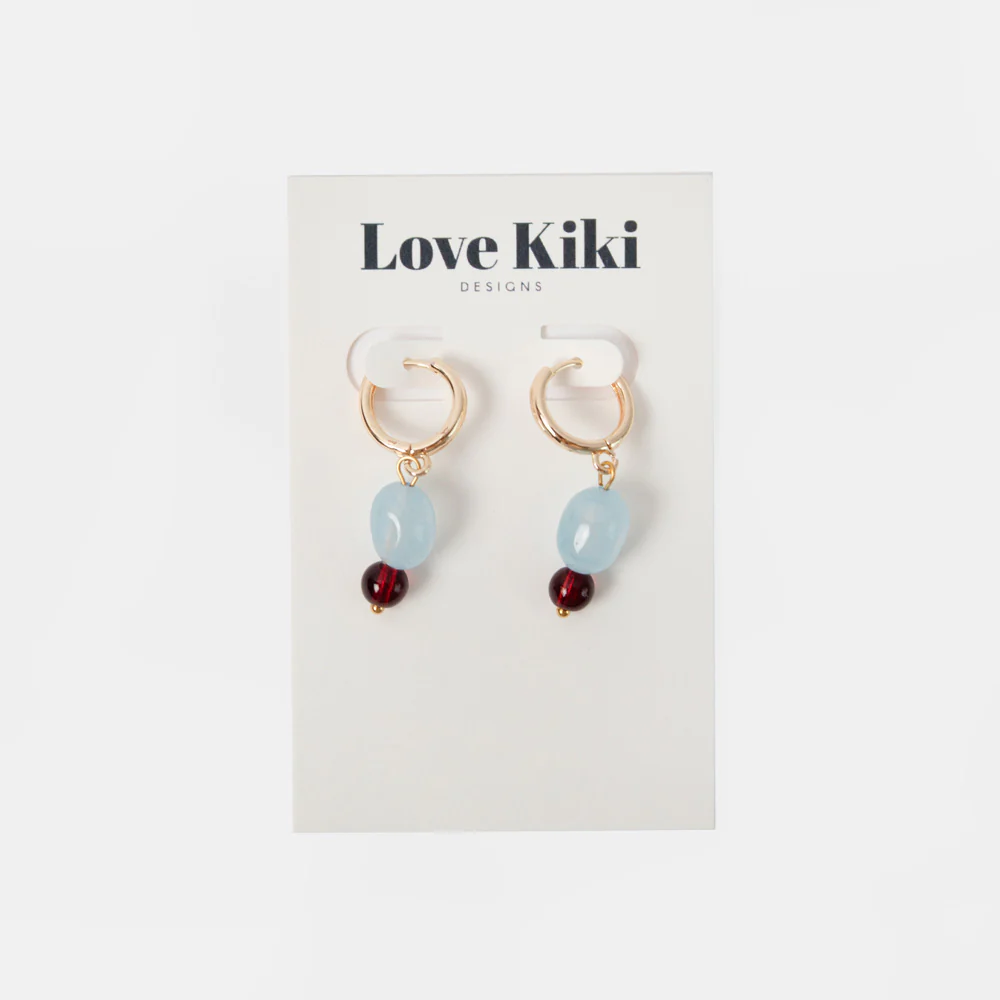 Gold, Blue & Burgundy Drop Hoop Earrings - Image 2