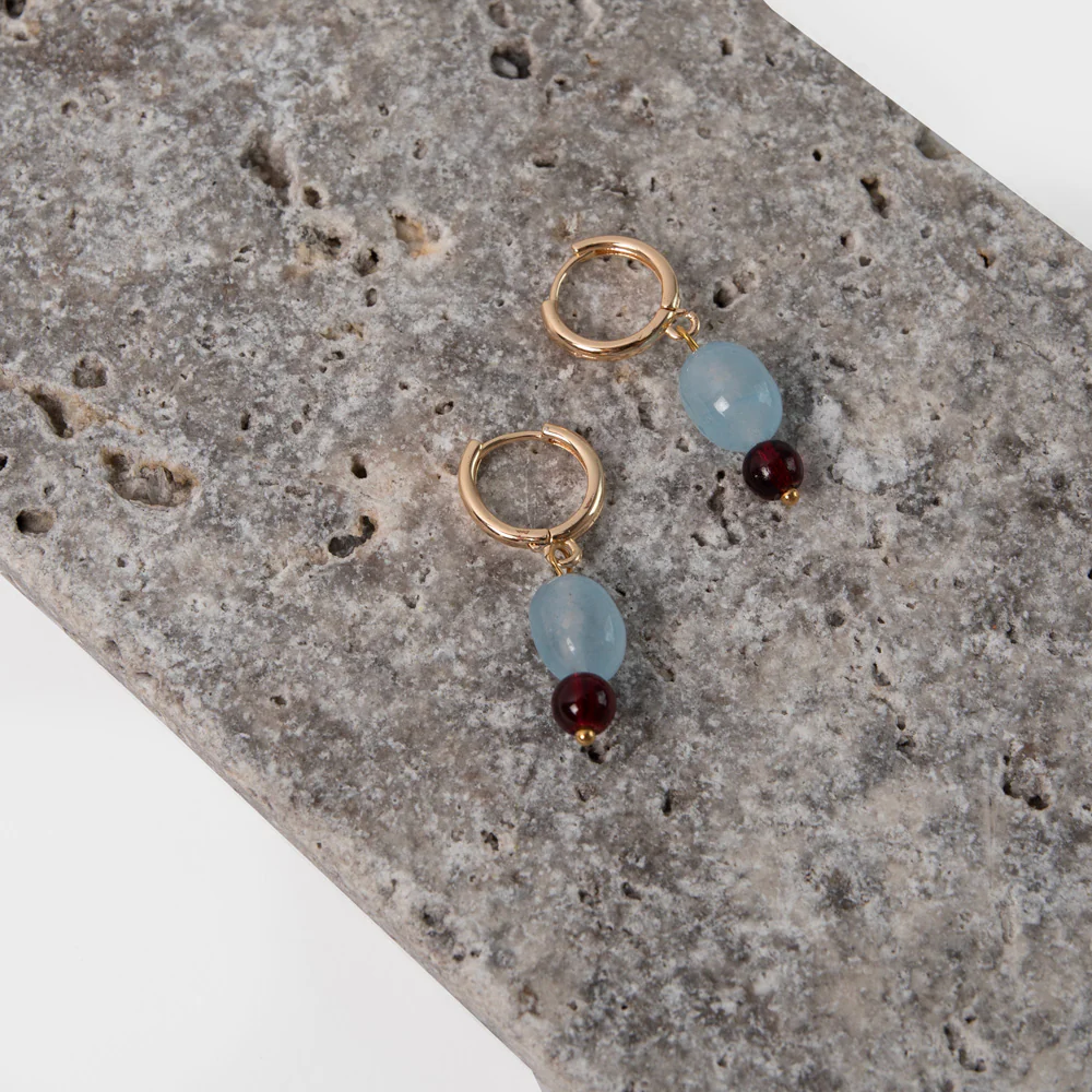 Gold, Blue & Burgundy Drop Hoop Earrings - Image 3