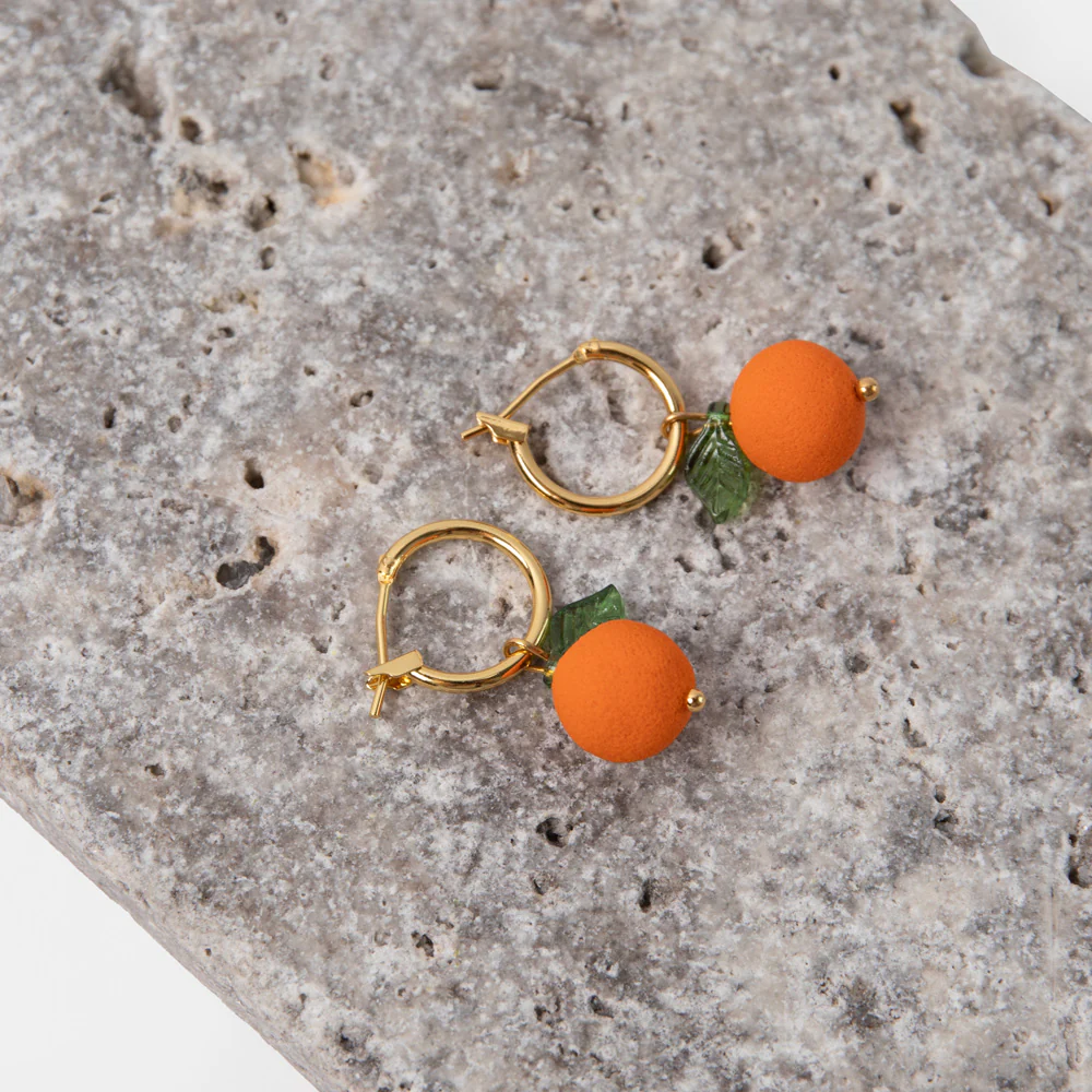 Gold Hoop & Clay Orange Drop Earrings - Image 3
