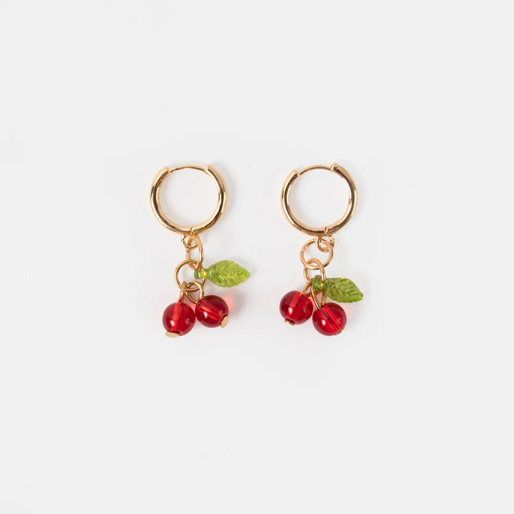 Gold Hoop & Red Cherry Drop Earrings