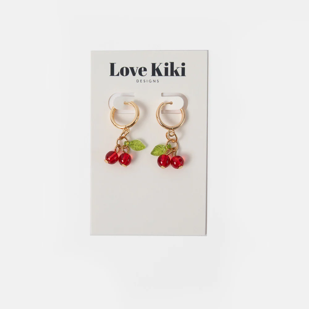 Gold Hoop & Red Cherry Drop Earrings - Image 2