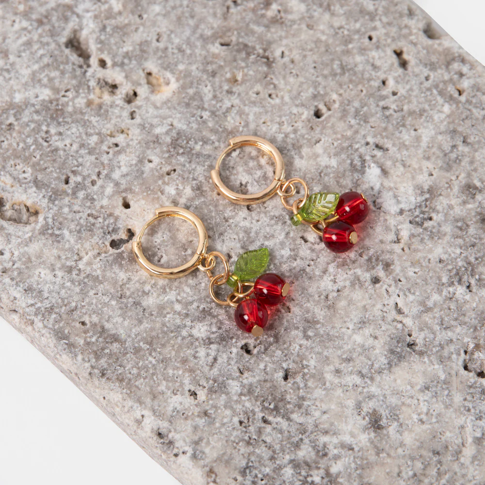 Gold Hoop & Red Cherry Drop Earrings - Image 3