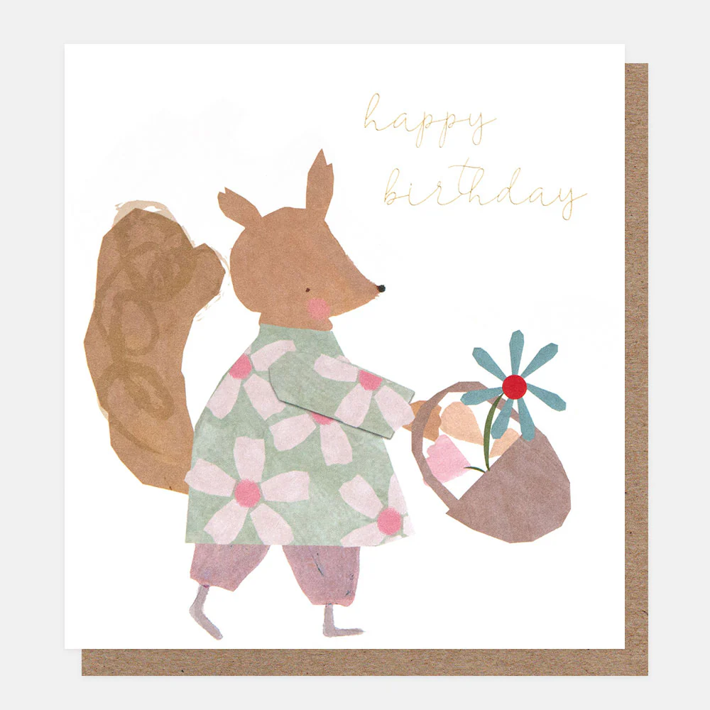 Squirrel With Flower Basket Birthday Card