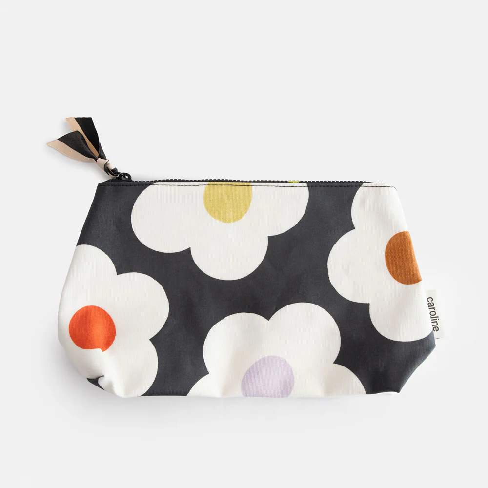 Multi Flower Charcoal Coated Canvas Beauty Bag