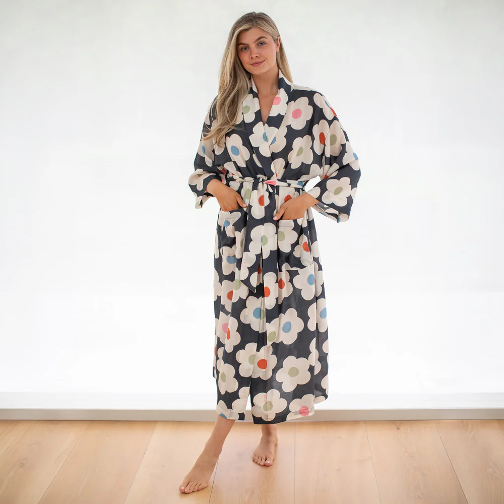 Multi Flower Charcoal Viscose Dressing Gown - Image 2
