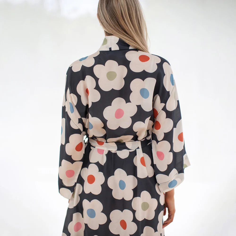 Multi Flower Charcoal Viscose Dressing Gown - Image 3