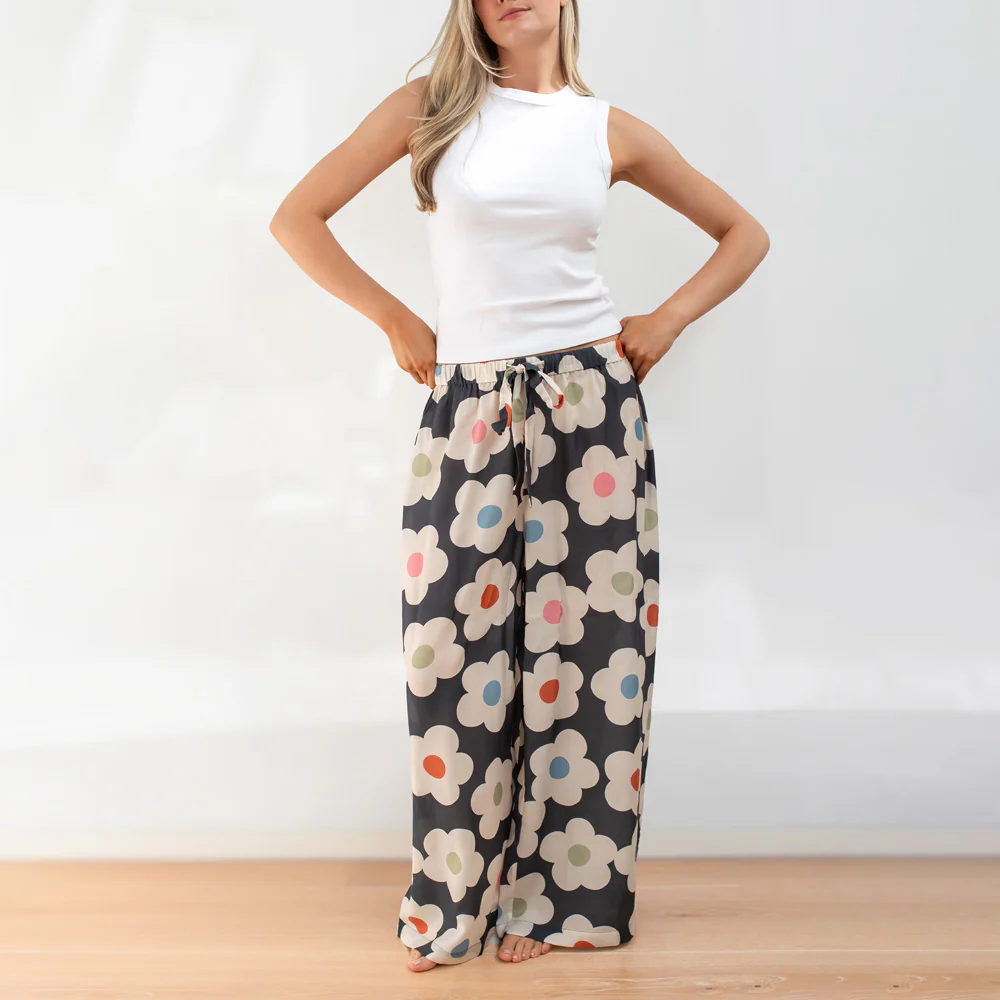 Multi Flower Charcoal Viscose Palazzo Pant - Image 2