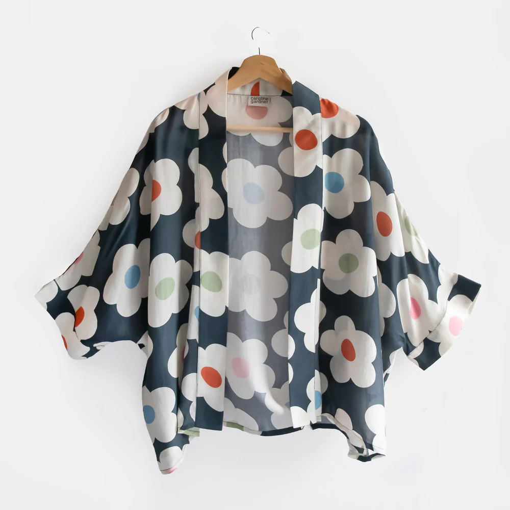 Multi Flower Charcoal Viscose Short Kimono