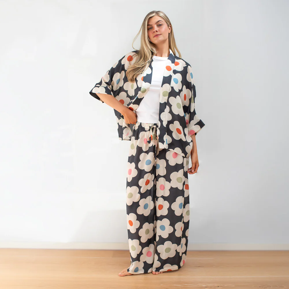 Multi Flower Charcoal Viscose Short Kimono - Image 2