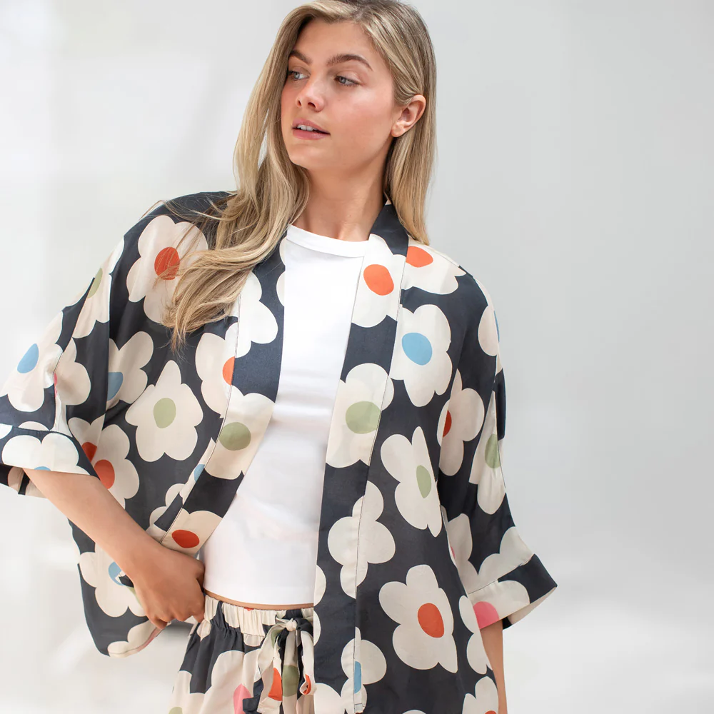 Multi Flower Charcoal Viscose Short Kimono - Image 3