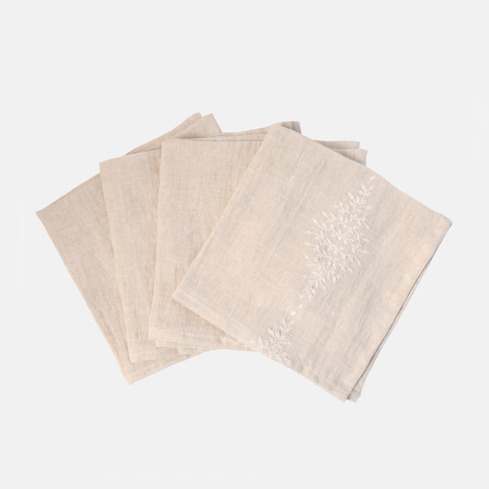 Natural/White Embroidered Linen Napkins Set of 4