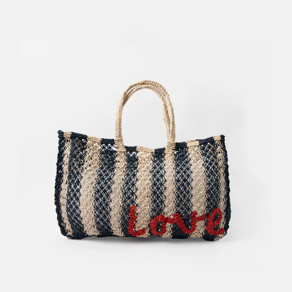 Navy Striped Love Jute Shopper Bag