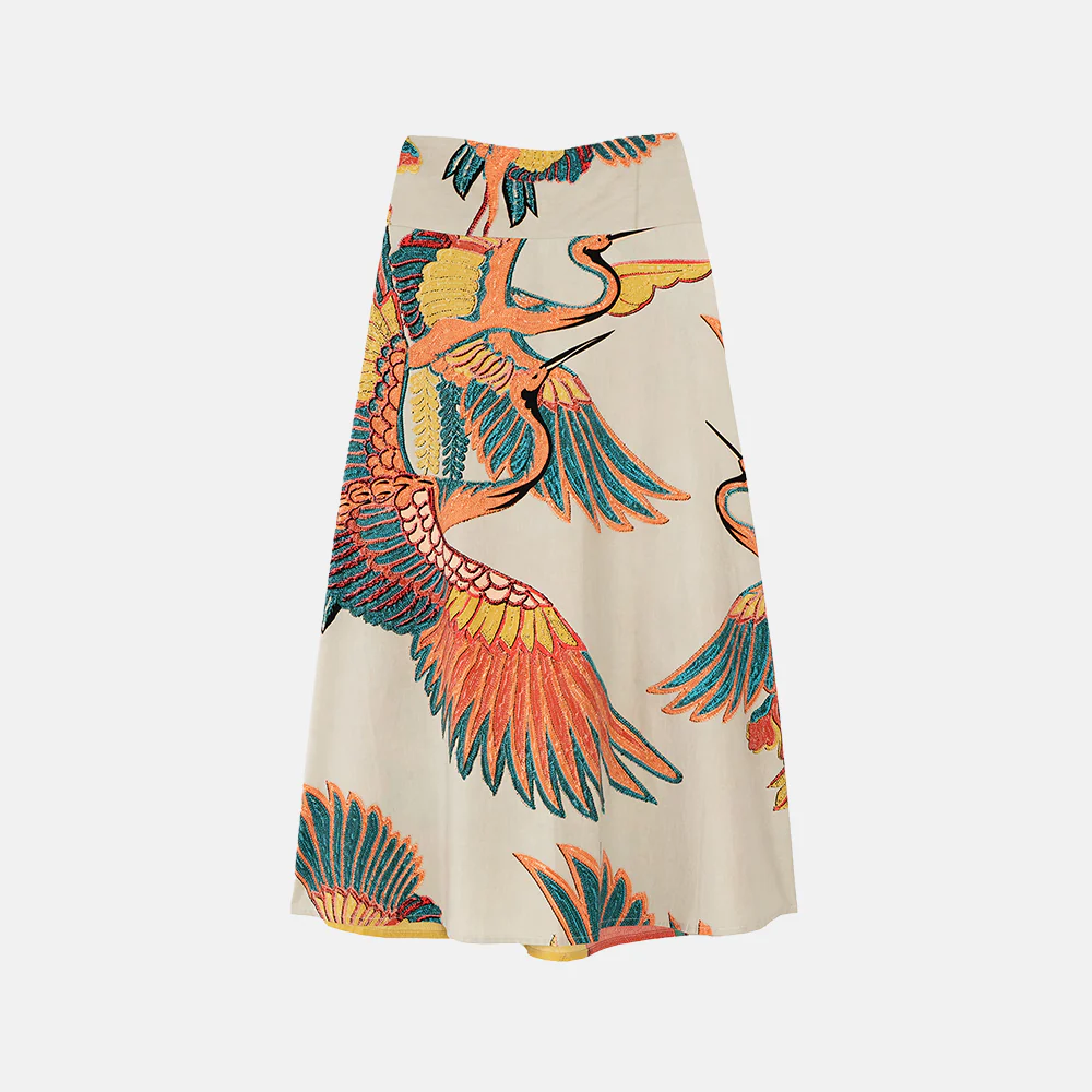 Orange Crane Cotton A-Line Skirt