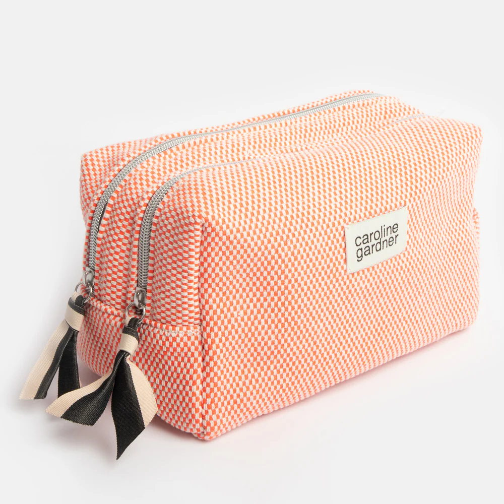 Orange Woven Check Large Travel Wash Bag