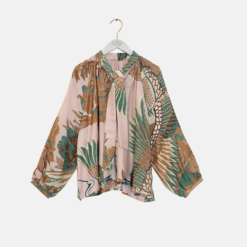 Pink Cranes Pussy Bow Shirt