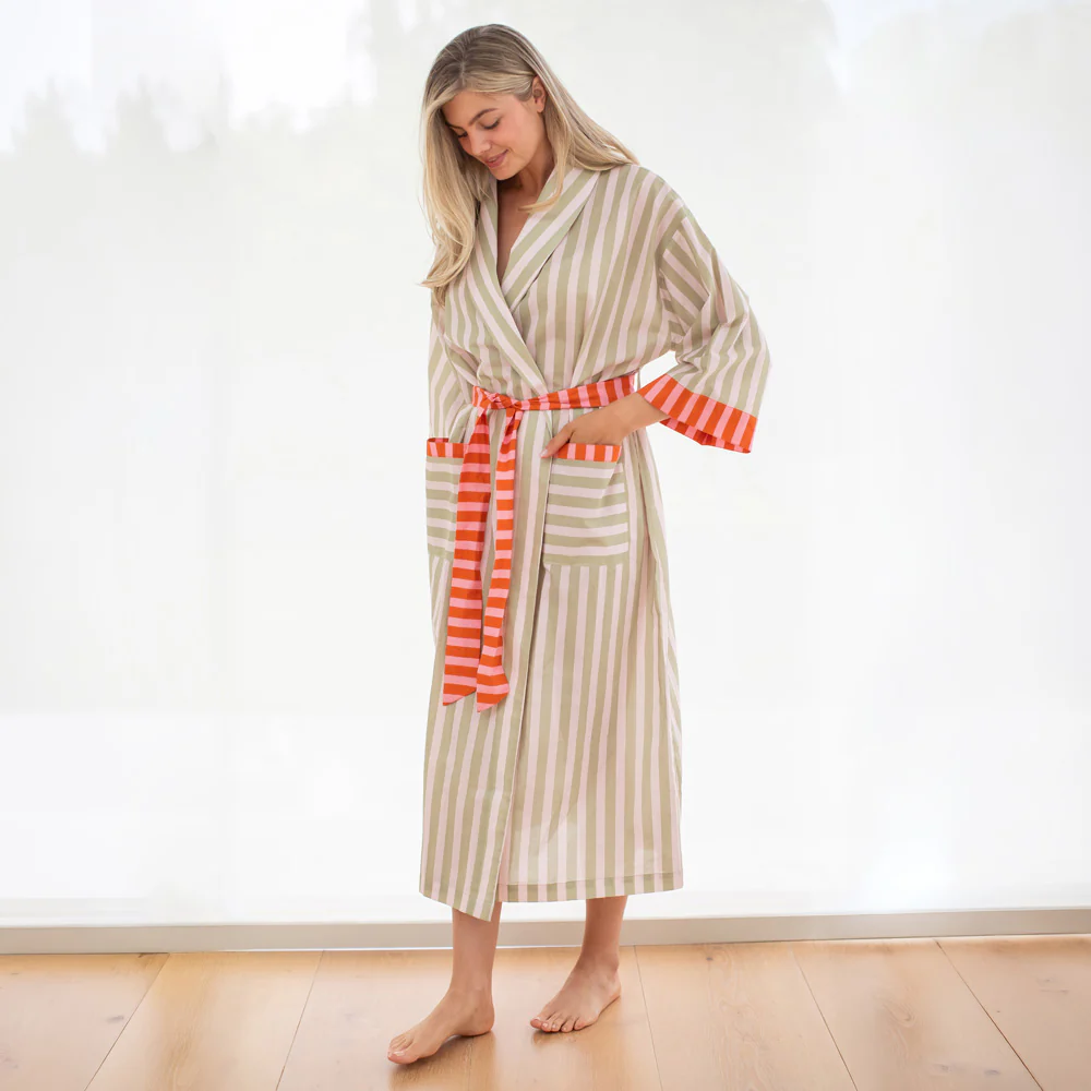 Pink/Green Stripe Cotton Dressing Gown - Image 2