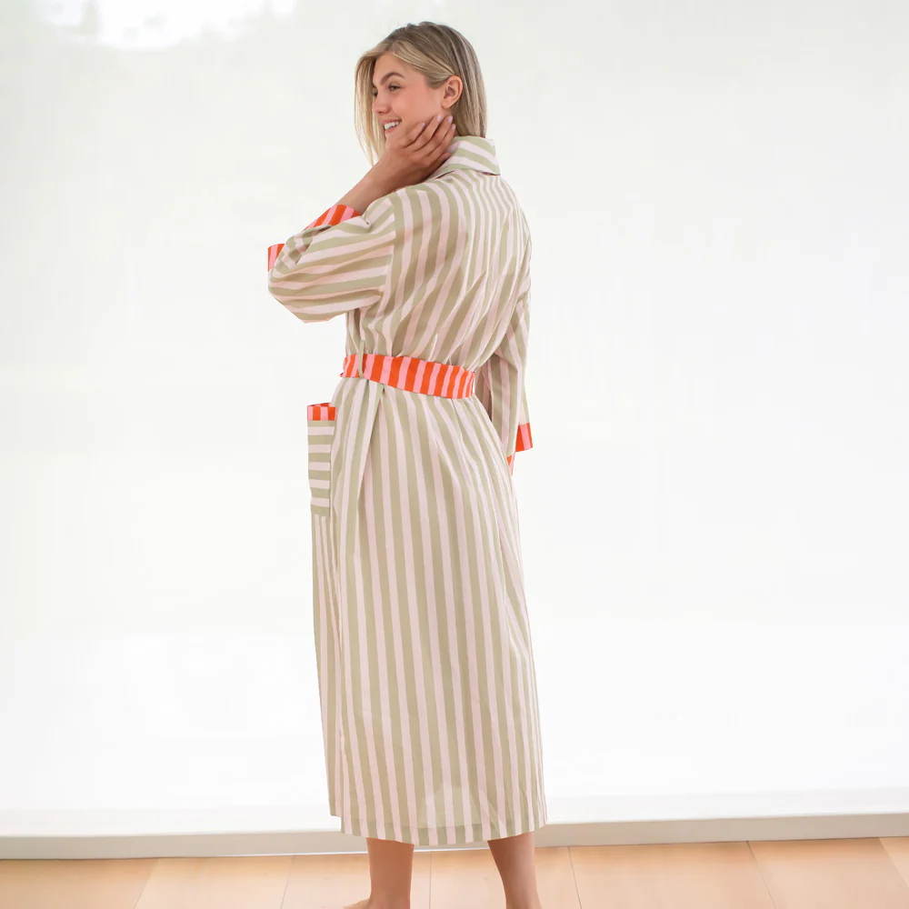 Pink/Green Stripe Cotton Dressing Gown - Image 3
