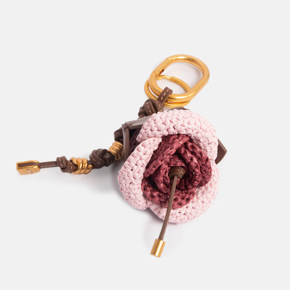 Pink Leather & Straw Flower Bag Charm - Image 2
