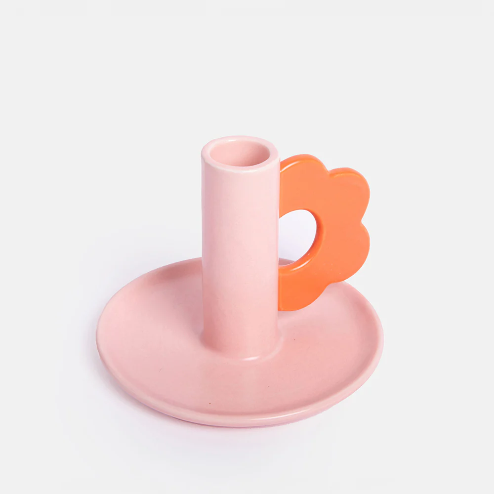 Pink/Red Flower Stoneware Candle Holder - Image 2