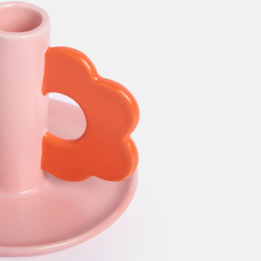 Pink/Red Flower Stoneware Candle Holder - Image 3