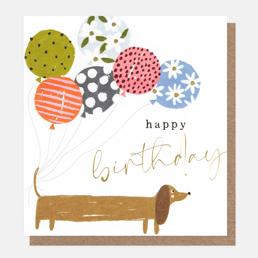 Sausage Dog With Balloons Birthday Card