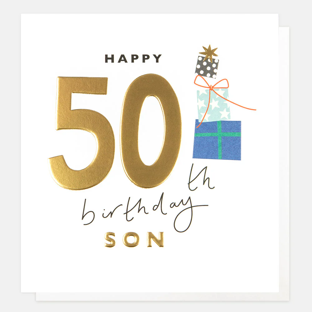 Stack of Presents 50th Birthday Card For Son