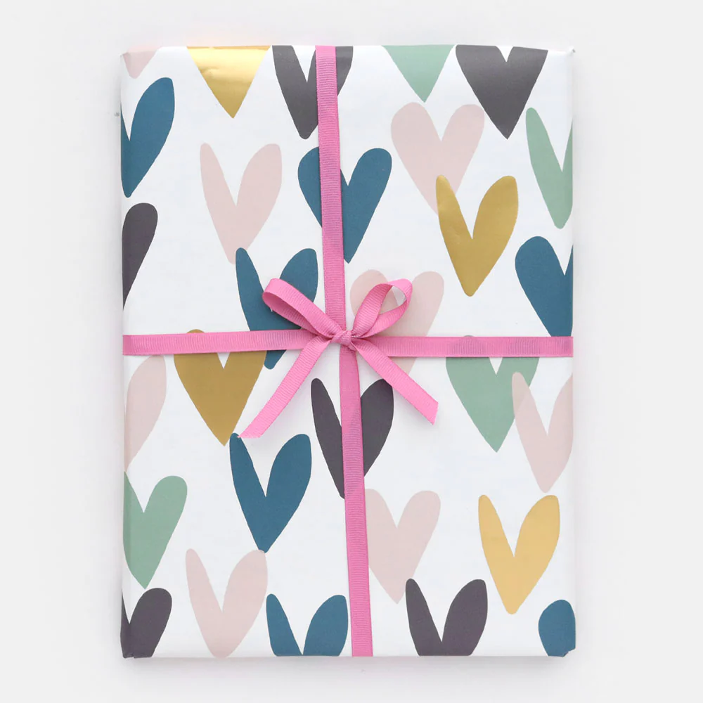 Teal Falling Hearts Wrapping Paper