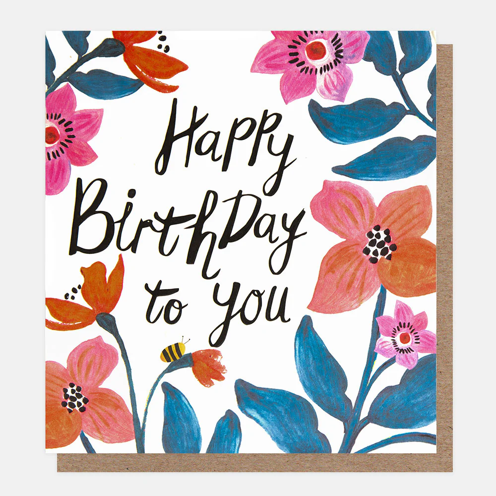 Red/Pink Flowers & Bee Birthday Card