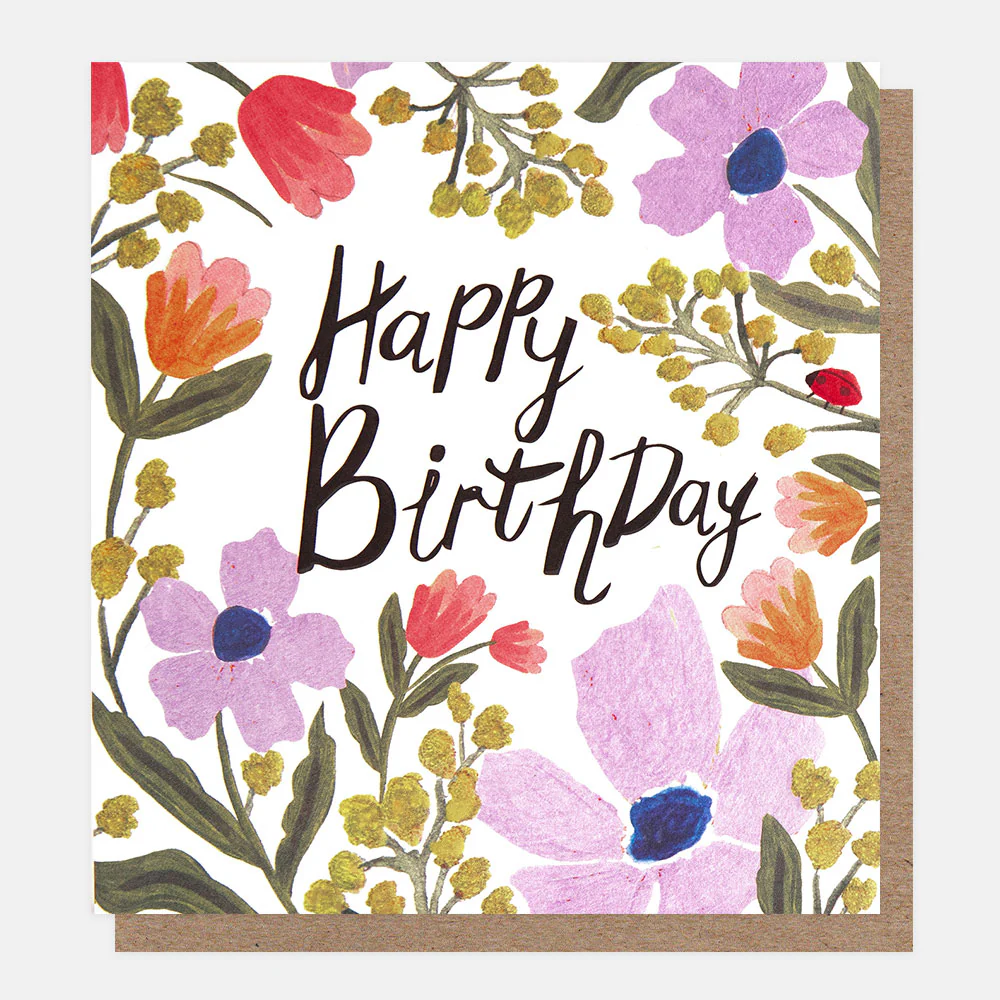 Colourful Flowers & Ladybird Birthday Card