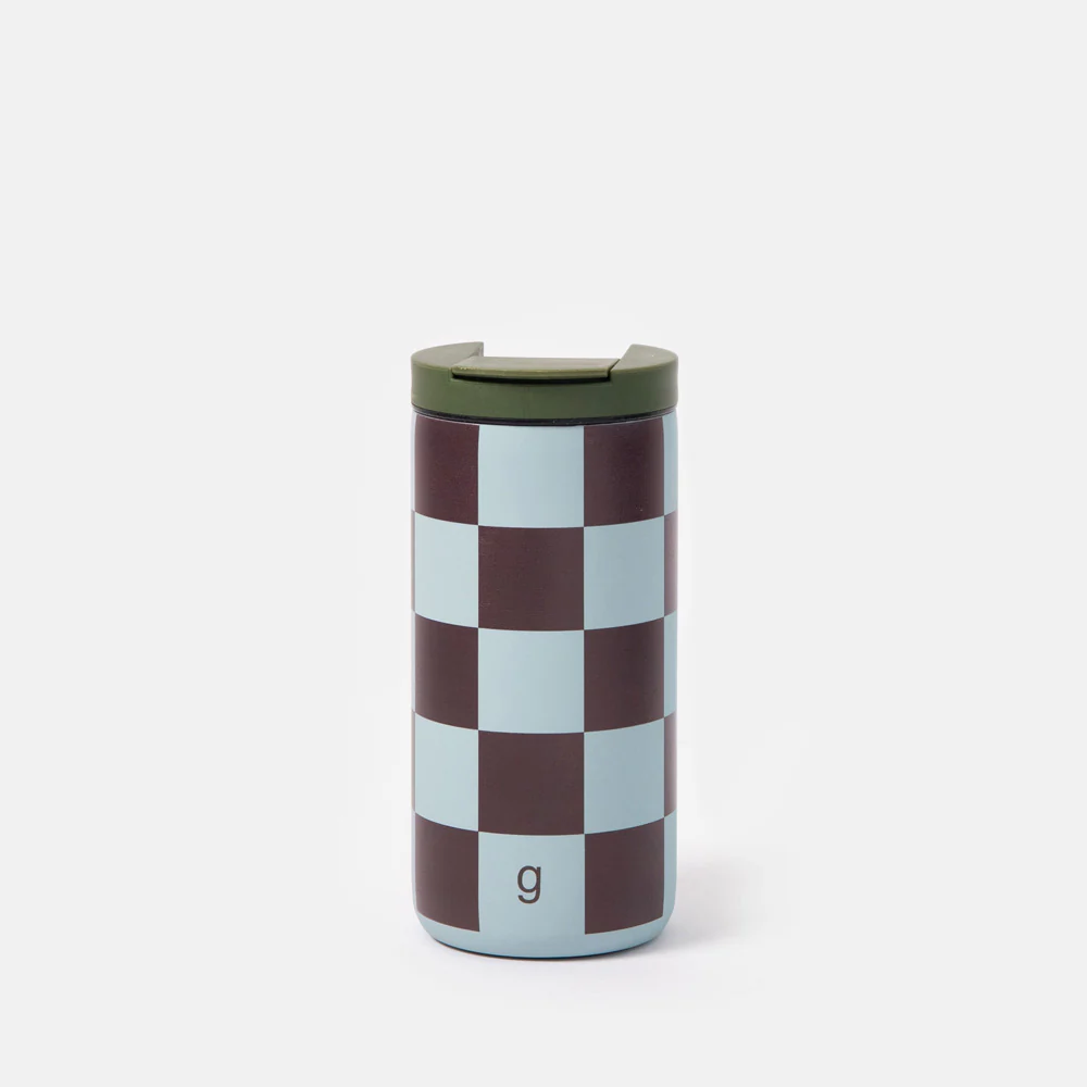 Wine/Blue Check Stainless Steel Travel Mug